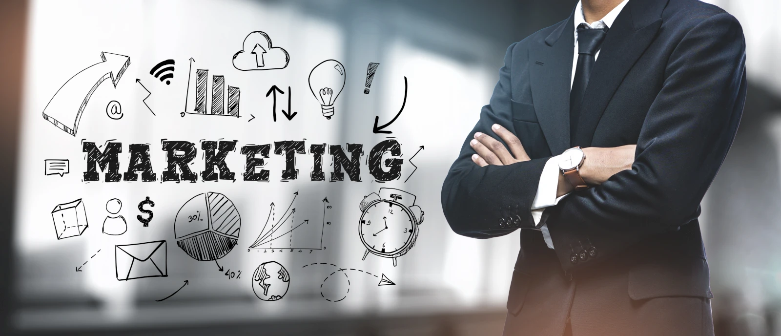 Illustration showing online and offline marketing channels connecting